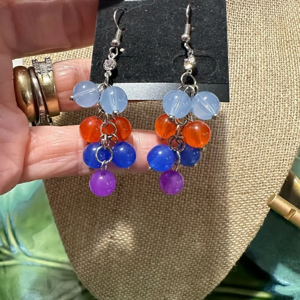 Multi Color Charm Necklace Crosses & Beads + Matching  Cluster Earrings